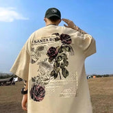 2025 Oversized Vintage Newspaper Rose Print Tee – Bold & Effortlessly Cool