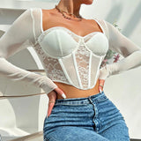 Flirty Women’s Slim Fit Crop Top: V-Neck Lace Elegance for Autumn