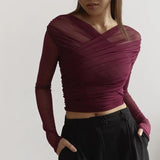 Chic Women’s Cross Neck Crop Tops: Stylish Mesh Long Sleeve Tee