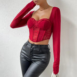 Flirty Women’s Slim Fit Crop Top: V-Neck Lace Elegance for Autumn