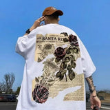 2025 Oversized Vintage Newspaper Rose Print Tee – Bold & Effortlessly Cool