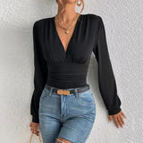 Glamorous Women’s Long Sleeve Top: Sexy V Neck for Autumn Elegance