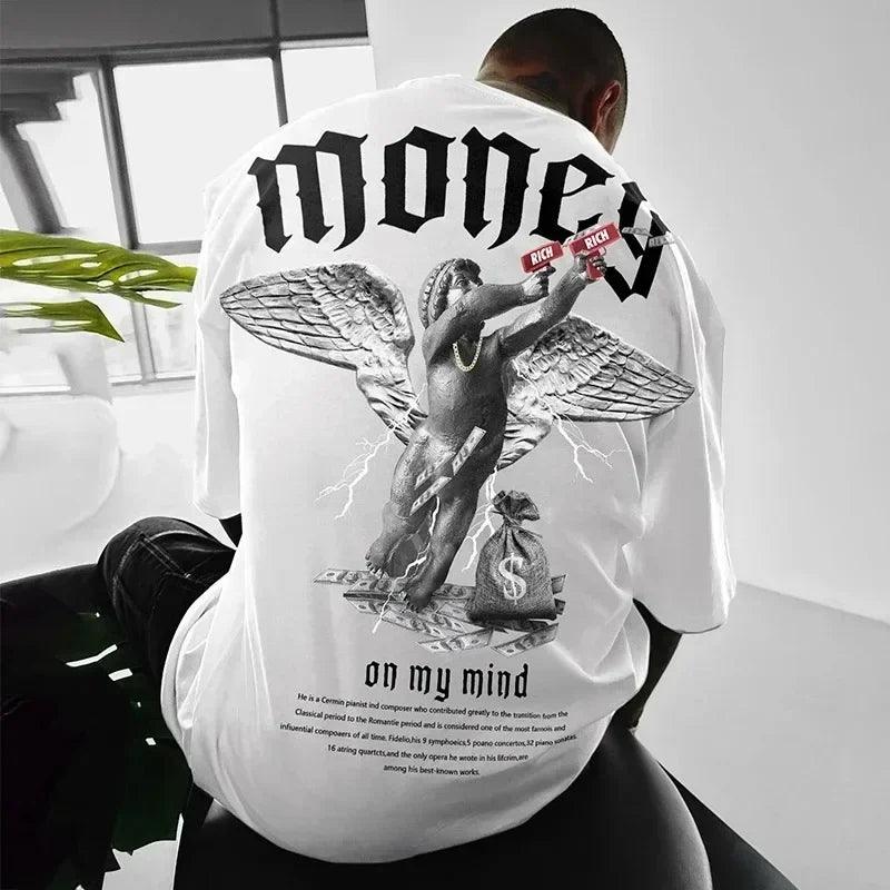 Money Angel Print Hip-Hop Oversized T-Shirt