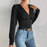 Glamorous Women’s Long Sleeve Top: Sexy V Neck for Autumn Elegance