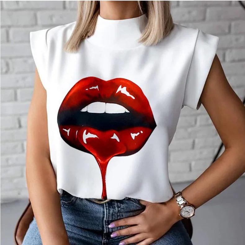 Fashion Women Elegant Lips Print Tops and Blouse Shirts 2024 Summer Ladies Office Casual Stand Neck Pullovers