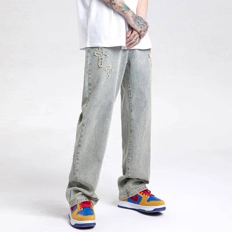 Punk Style Men’s Jeans: Yellow Mud Dyed Cross Wide Leg Casuals