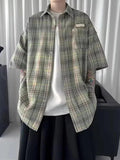 Y2K Vintage Short Sleeve Shirt for Men: Trendy Plaid Pocket Tee