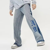 Men’s Blue Baggy Jeans: Gothic Letter Print for Y2K Street Vibes