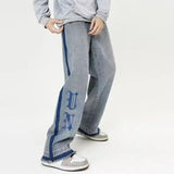 Men’s Blue Baggy Jeans: Gothic Letter Print for Y2K Street Vibes
