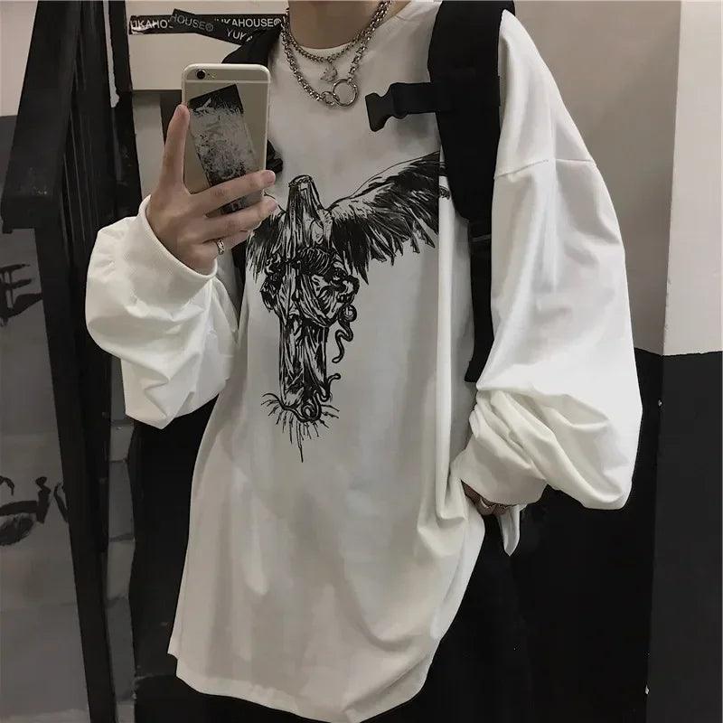 Hip-Hop Vibes: Men’s Long Sleeve Baggy Gothic Print T-shirt
