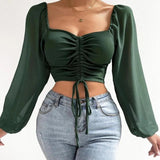 2025 Women’s Fashion: Puff Sleeve Lace Up V-Neck Top