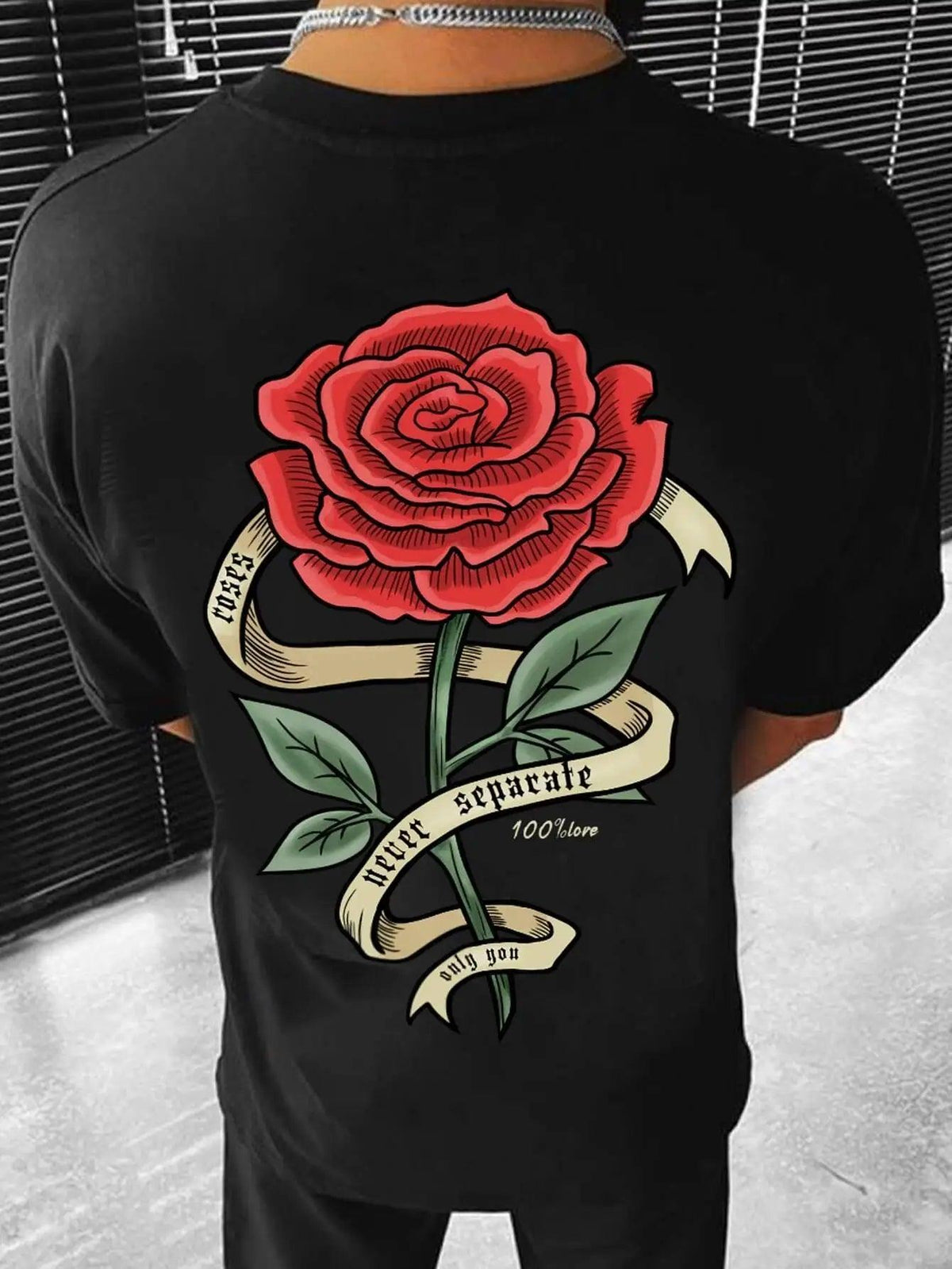 Rough Sophistication: Men's Oversized Tee with Red Rose Print