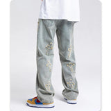 Punk Style Men’s Jeans: Yellow Mud Dyed Cross Wide Leg Casuals