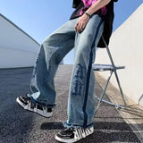 Men’s Blue Baggy Jeans: Gothic Letter Print for Y2K Street Vibes