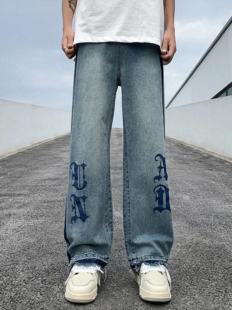 Men’s Blue Baggy Jeans: Gothic Letter Print for Y2K Street Vibes